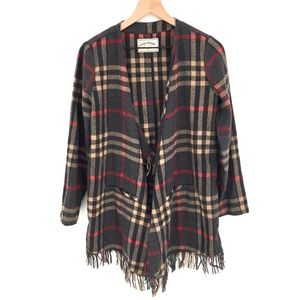 Lucky Brand Fringed Duster Jacket Gray Plaid boho fall winter top M L women's